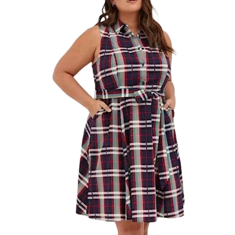 Torrid Womens Plus Size 4 Plaid Sleeveless Button Front Belted Shirt Dress Navy - Picture 5 of 9